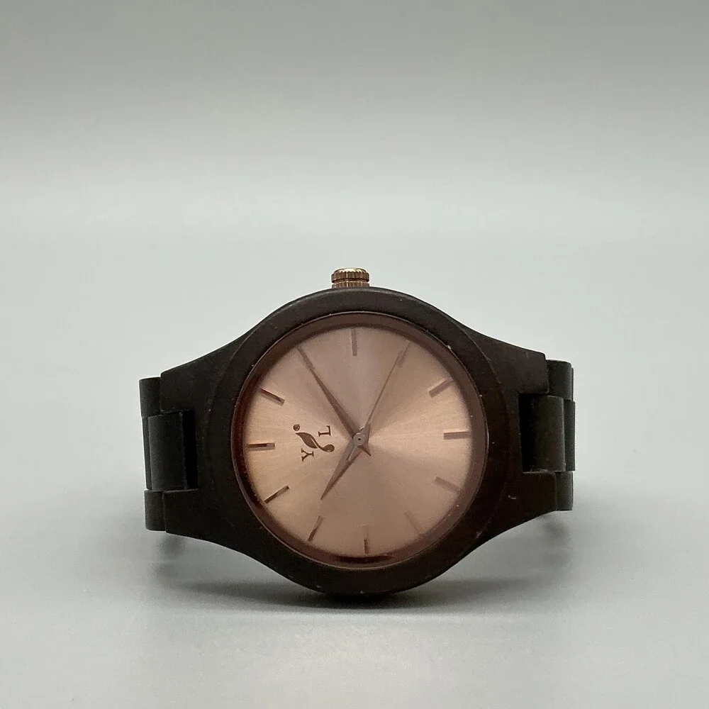 YL Mens Watch 39mm Rose Gold Tone Brown Wood Bracelet New Battery 6.25
